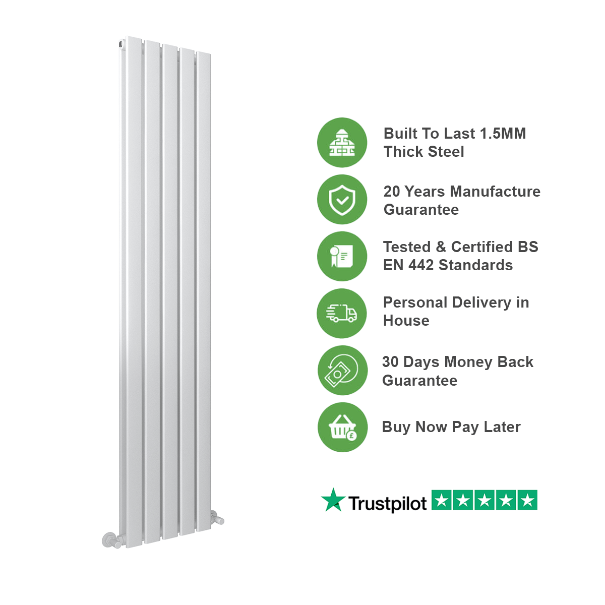 Milan Vertical Radiator - White - 1780 x 350